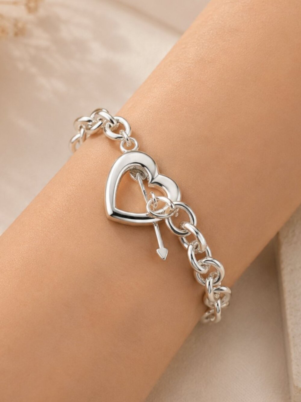 925 Sterling Silver Chunky Heart & Arrow Toggle Bracelet Chain Link Bracelet
